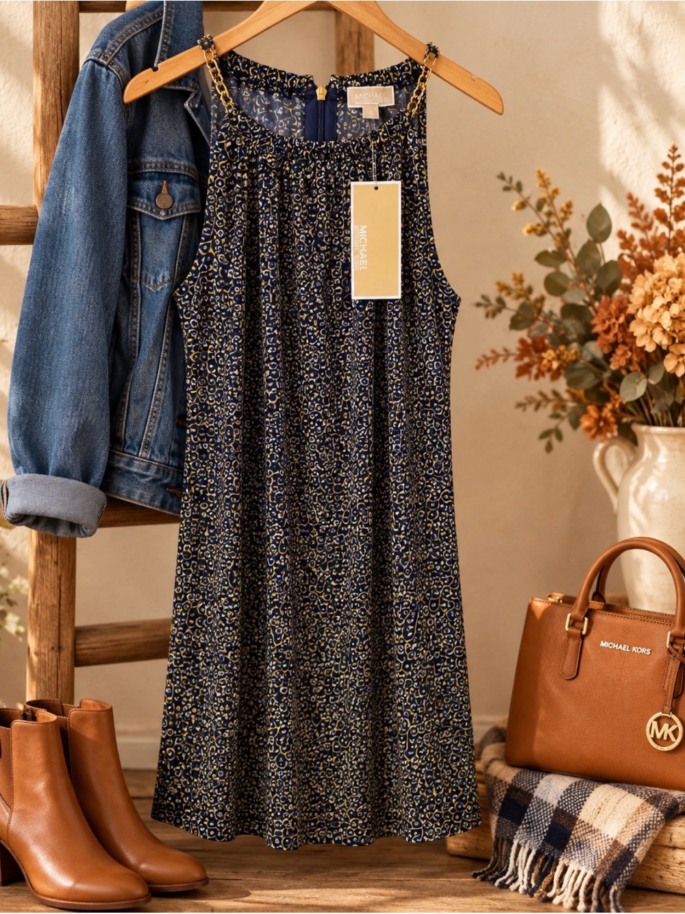 Michael Kors Chain Neck Shift Dress NWT Size Small Navy Yellow $110 MSRP